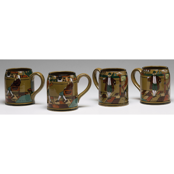 Appraisal: Buffalo Pottery Deldare Ware mugs four Ye Lion Inn signed