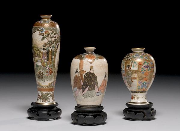 Appraisal: THREE SATSUMA CABINET VASES LANDSCAPES FIGURES Meiji Period - all