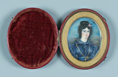 Appraisal: Miniature portrait on ivory woman with dark curly hair in