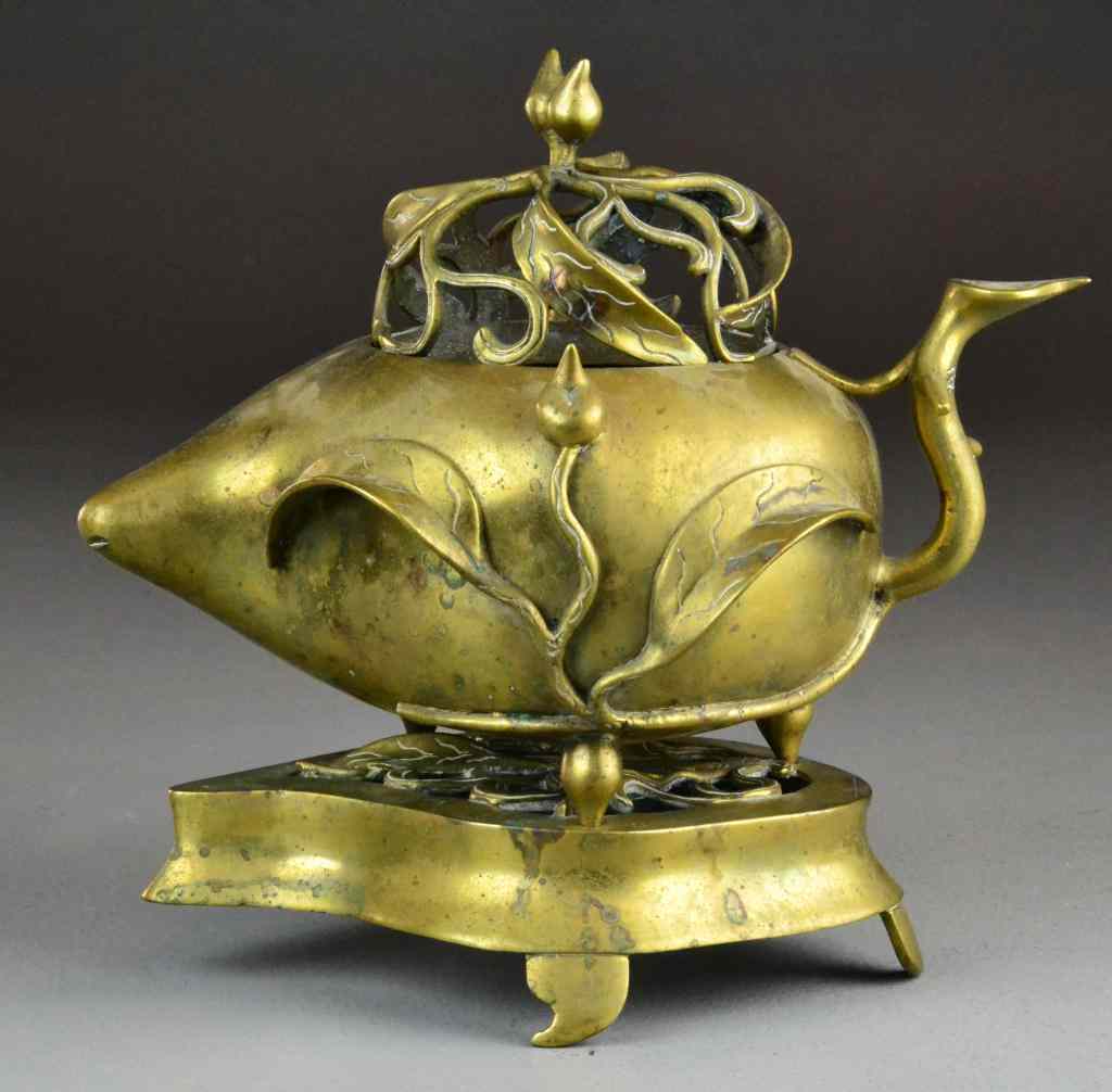 Appraisal: Chinese Qing Brass Censor On StandOf lotus blossom shape with