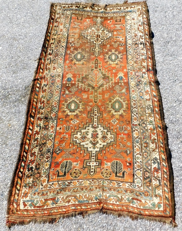 Appraisal: TRIBAL CAUCASIAN PICTORIAL RUG Middle East th CenturyThree diamond shaped