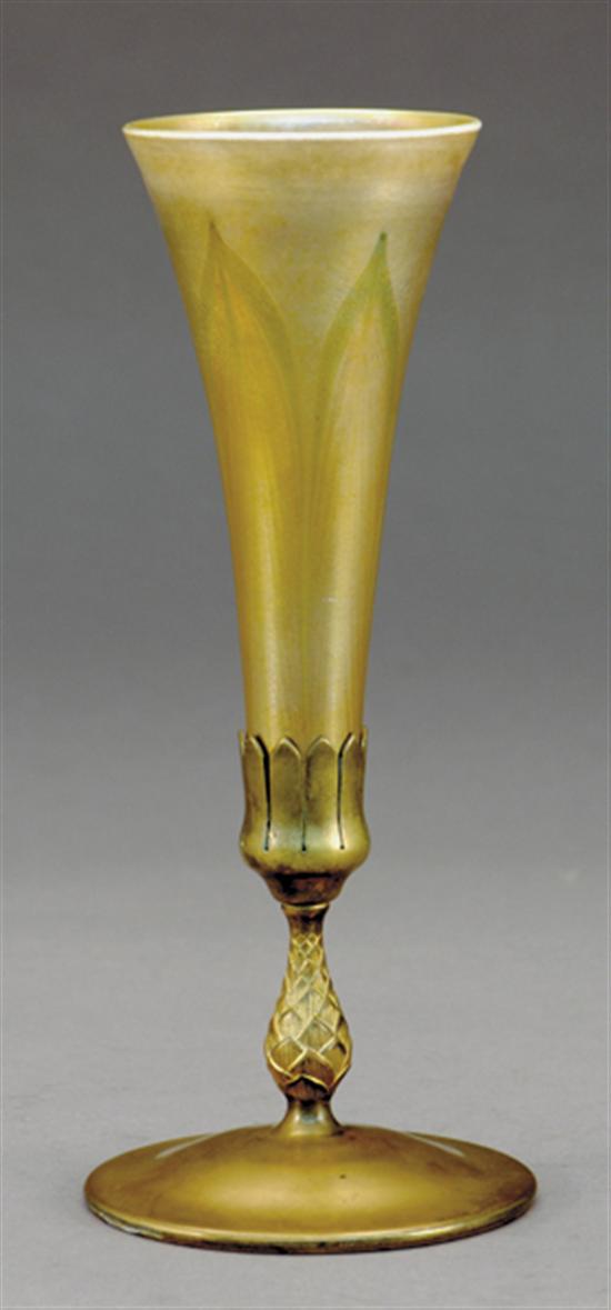 Appraisal: Tiffany art glass and bronze vase circa trumpet shape in