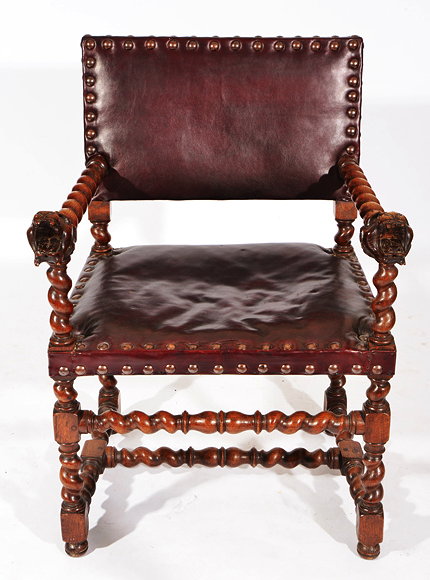 Appraisal: AN ANTIQUE CAROLEAN STYLE SIDE CHAIR with studded leather upholstered