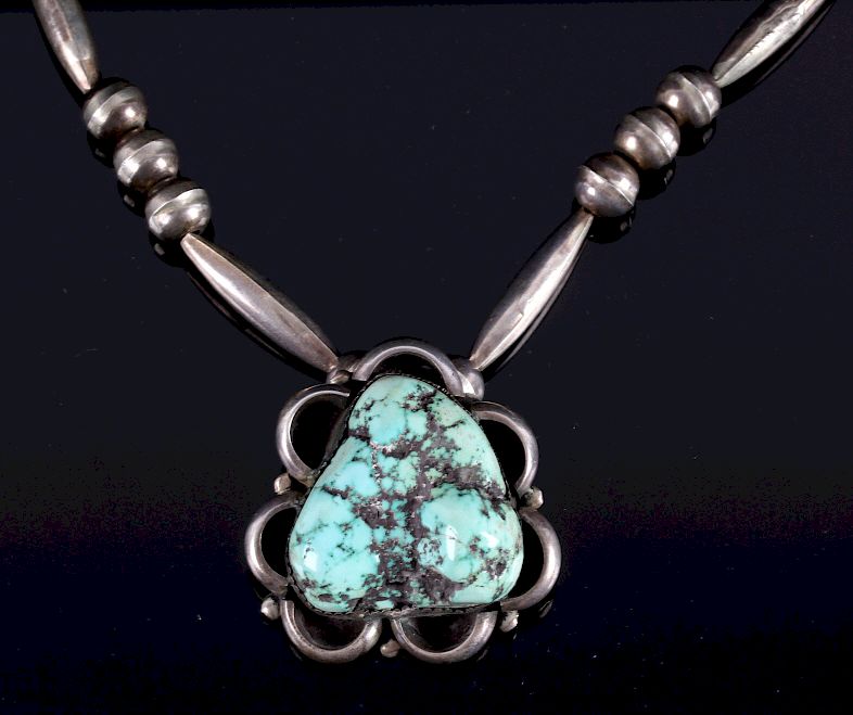 Appraisal: M Thompson Navajo Cripple Creek Turquoise Necklace Included for auction