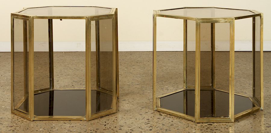 Appraisal: PAIR FRENCH OCTAGONAL BRASS GLASS SIDE TABLES A pair of