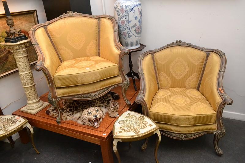 Appraisal: PAIR OF LOUIS XV STLYE SILK UPHOLSTERED TUB CHAIR WITH