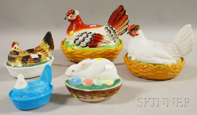 Appraisal: Four Hen-on-nests and an Easter Rabbit in Basket two large