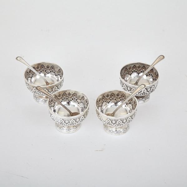 Appraisal: Set of Four Victorian Silver Salt Cellars with Spoons Robert