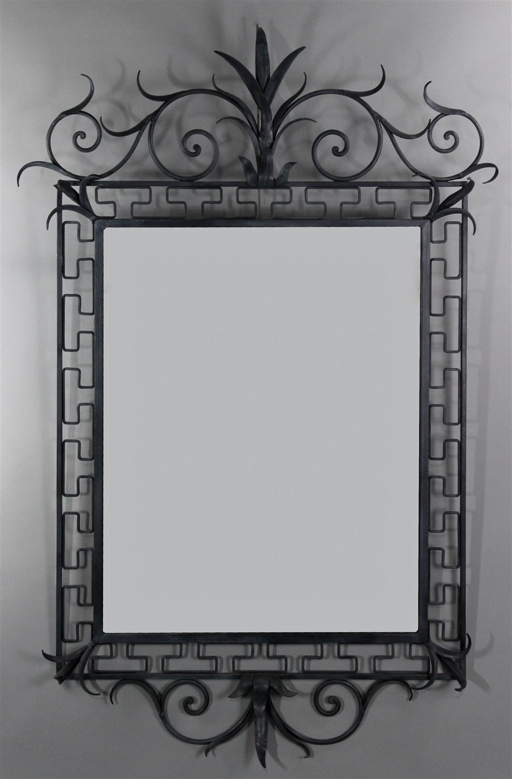 Appraisal: BLACK WROUGHT IRON MIRROR WITH OPENWORK FRAME pierced fretwork designed