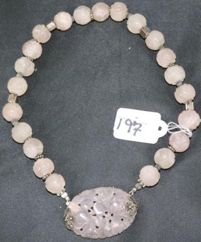 Appraisal: LAVENDER JADE NECKLACE WITH CARVED FLORAL DESIGNAND STERLING SILVER MOUNTS