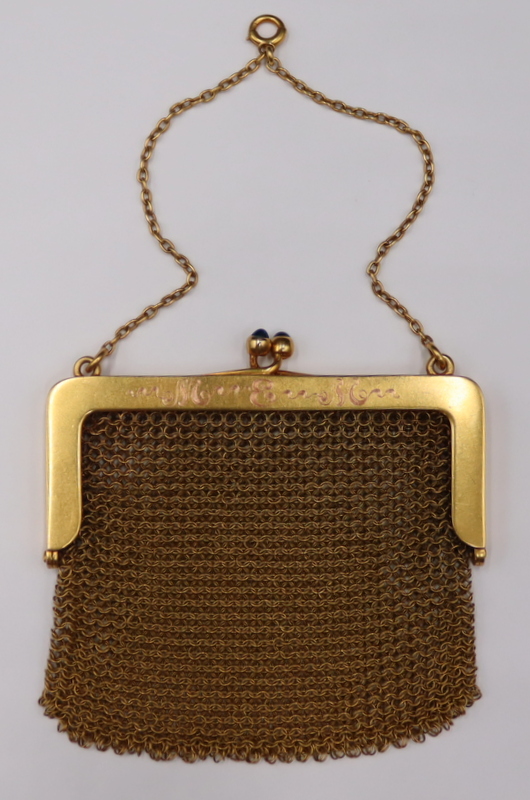 Appraisal: GOLD KT GOLD AND SAPPHIRE MESH COIN PURSE Monogrammed kt