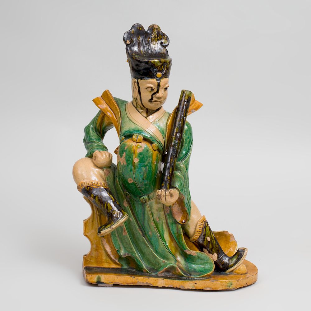 Appraisal: Chinese Ming Style Green and Ocre Glazed Pottery Figural Roof