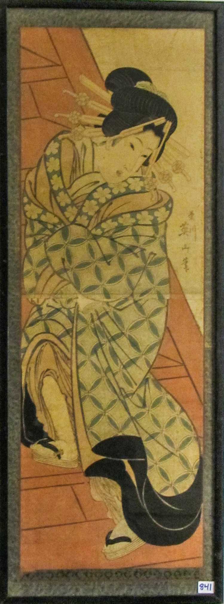 Appraisal: KEISAI EISEN COLOR WOODCUT Japan - Woman on steps Signed