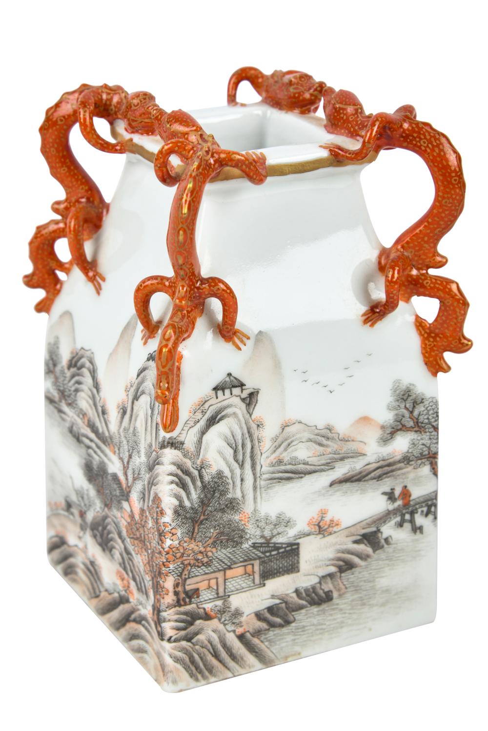 Appraisal: CHINESE PORCELAIN VASEmarked to underside square-form with dragon handles polychrome-decorated