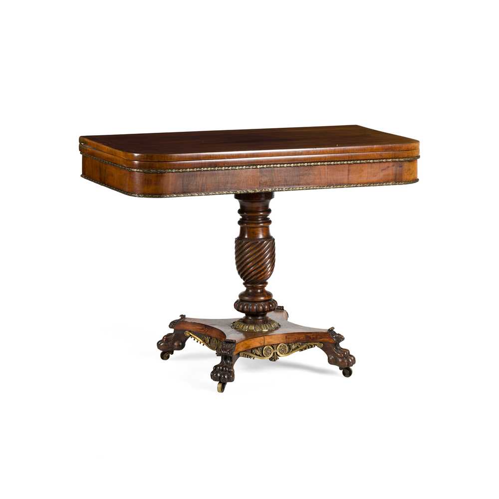 Appraisal: Y REGENCY ROSEWOOD AND BRASS MOUNTED FOLD-OVER TEA TABLE EARLY