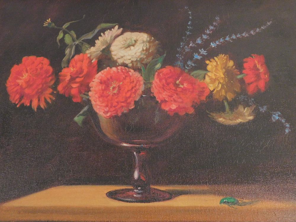 Appraisal: ANN SCHULER PAINTING OF ZINNIAS Old still life oil painting