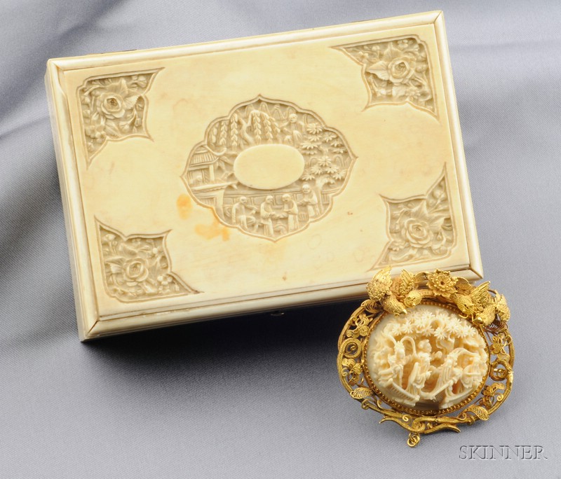 Appraisal: Antique Gold and Ivory Brooch the elaborately carved ivory scene