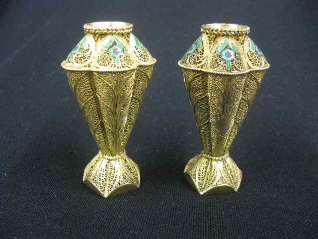 Appraisal: Pair of Sterling Silver Enameled Filigree Vases gold finish florals