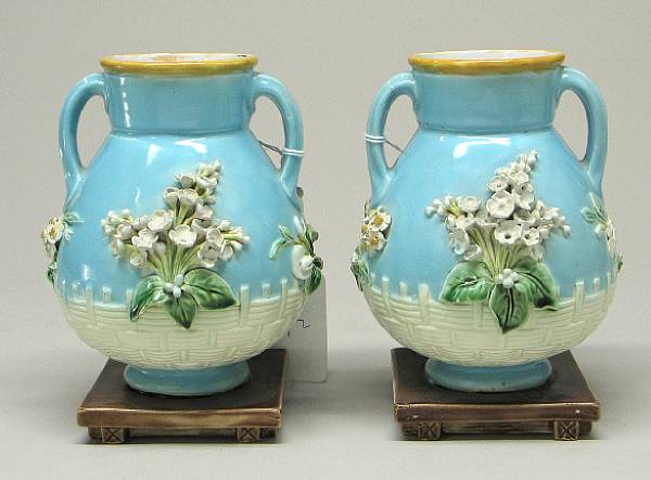 Appraisal: A pair of Minton majolica two handled vases date code