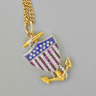 Appraisal: JEWELED AND ENAMELED MERCHANT MARINE NECKLACE Platinum stars and stripes