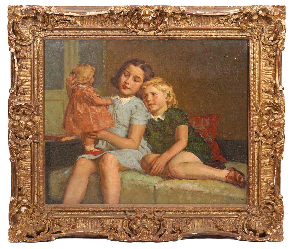 Appraisal: Signed Barbier Oil Painting 'Girls and Their Doll' Continental oil