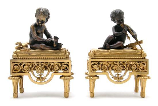 Appraisal: Pair of French Gilt and Patinated Bronze Figural Chenets Barbedienne