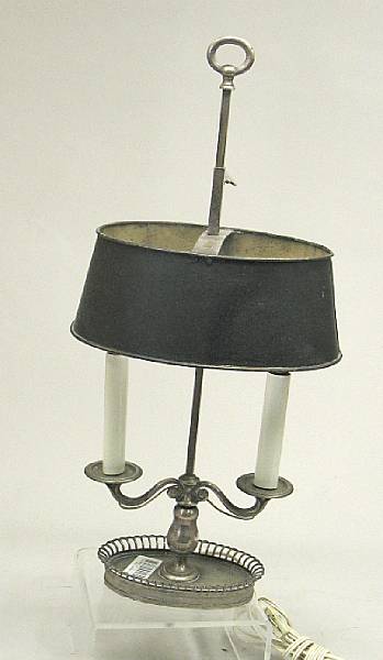 Appraisal: A Neoclassical style silver plate two light bouillotte lamp with