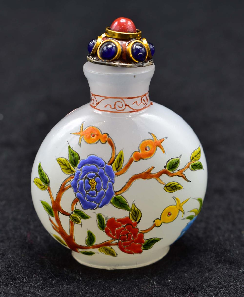 Appraisal: CHINESE ENAMEL DECORATED FROSTED GLASS SNUFF BOTTLEThe underside with three