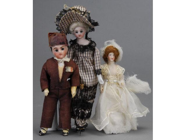 Appraisal: Lot Three Small Bisque Dolls Includes German dollhouse bride dollhouse