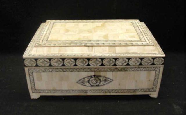 Appraisal: Bone Veneer and Black Decorated Wood Coffer From a Long