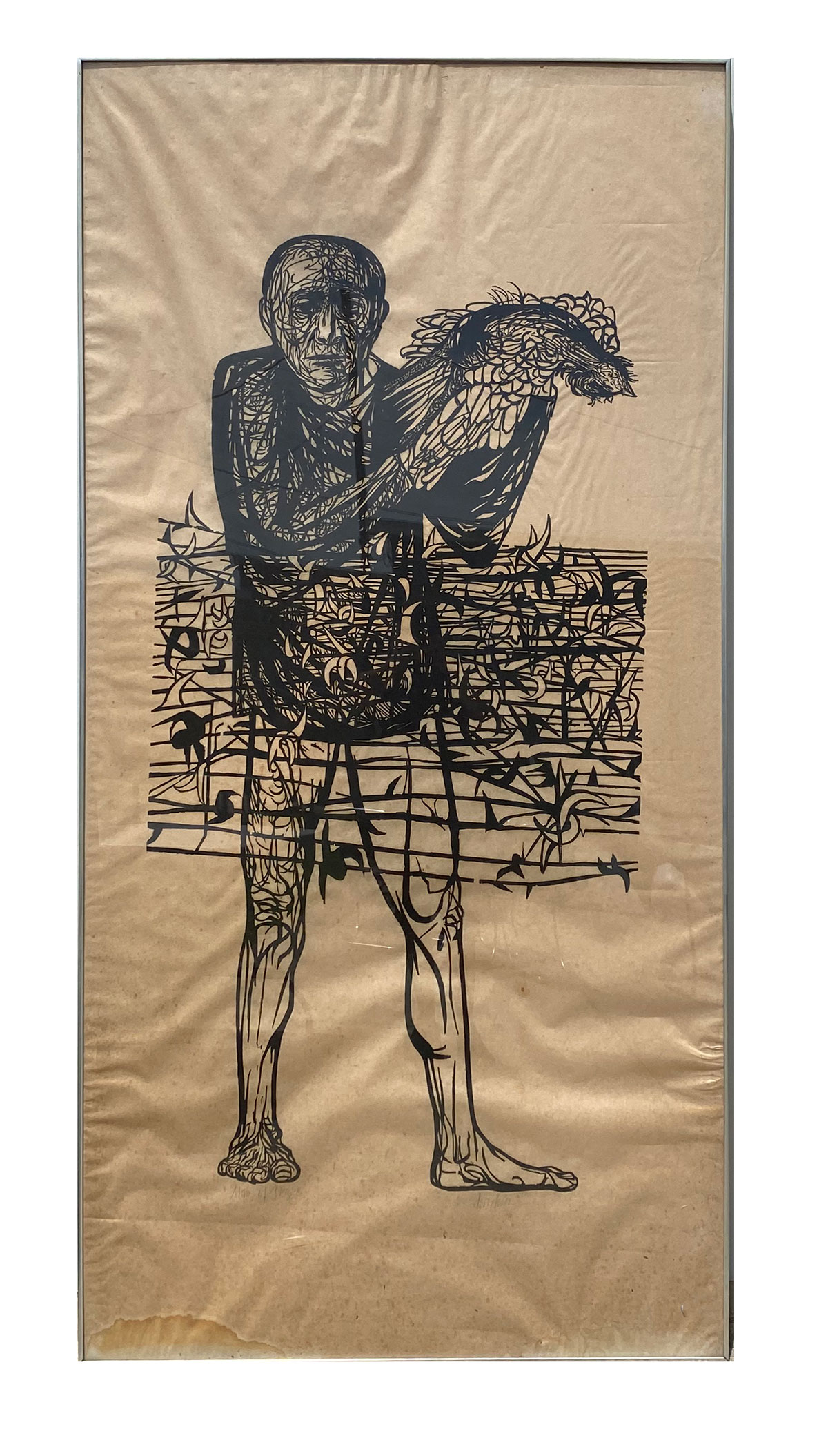 Appraisal: BASKIN Leonard American - Man Holding a Rooster Woodcut sight