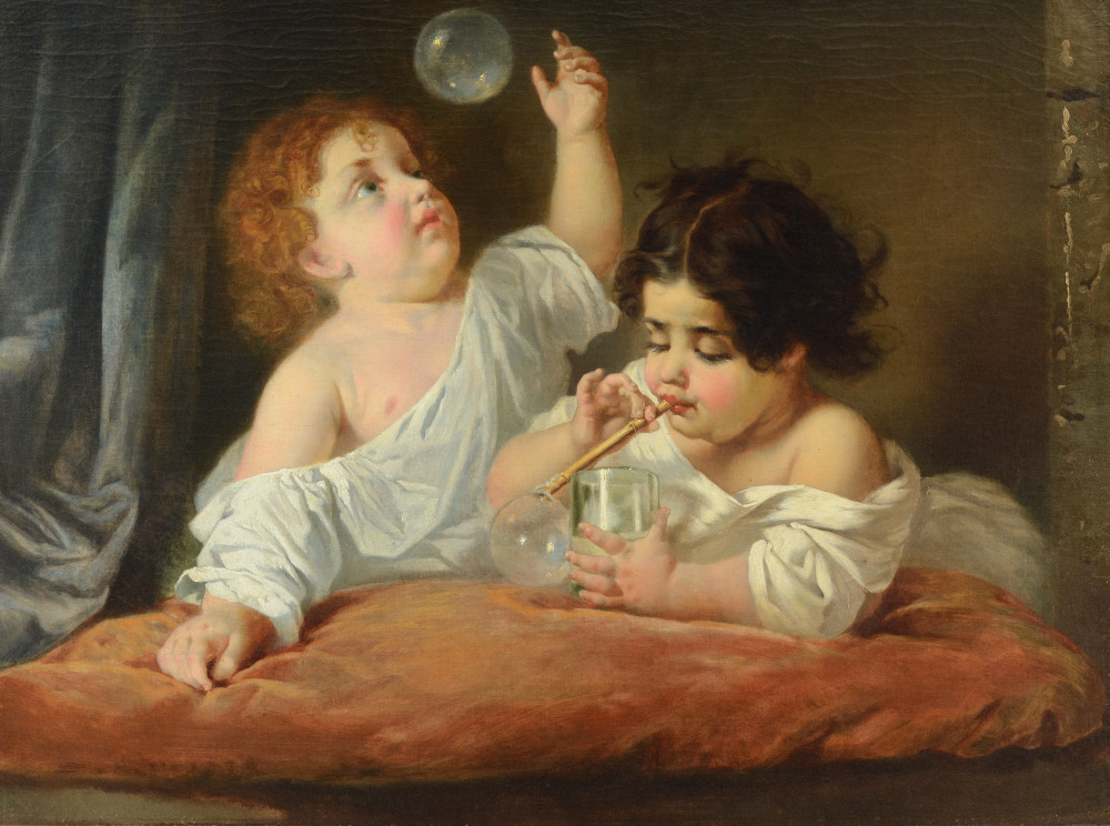 Appraisal: EXCEPTIONAL TH CENTURY PAINTING OF THE BUBBLE BLOWERS This finely