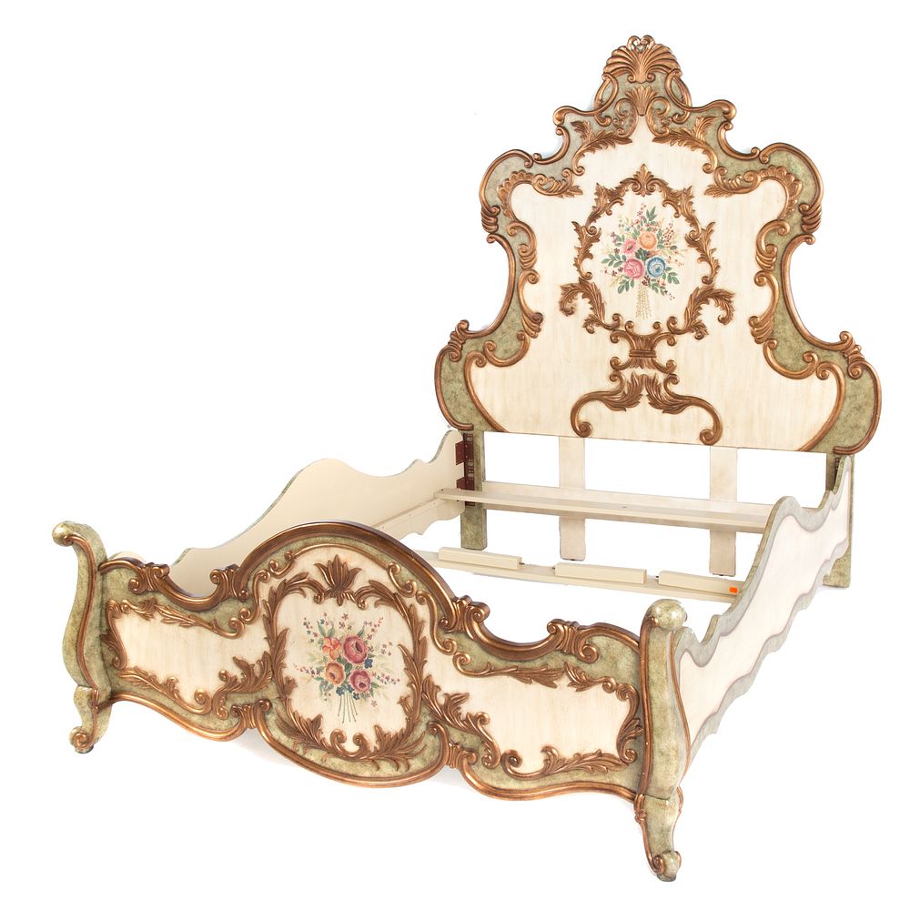 Appraisal: Louis XV Style Queen-Size Painted Giltwood Bed With painted floral