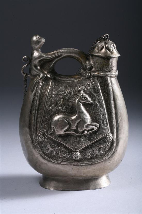 Appraisal: CHINESE SILVER PILGRIM FLASK TILIANG HU Repouss deer decoration -