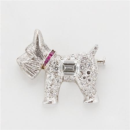 Appraisal: White Gold Diamond and Ruby Dog Pin Estimate -