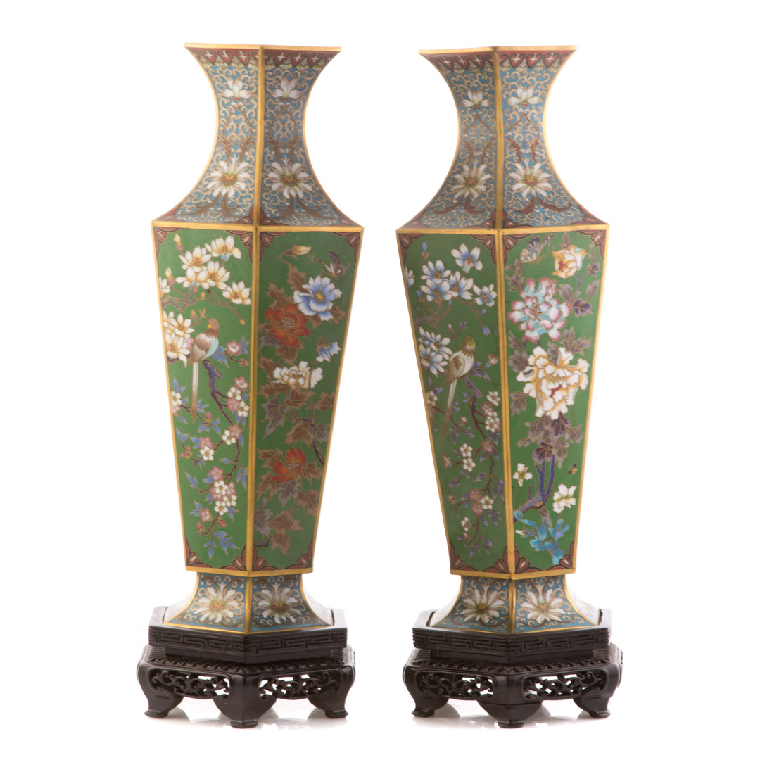 Appraisal: Pair of Chinese cloisonne enamel panel vases each hexagonal vase