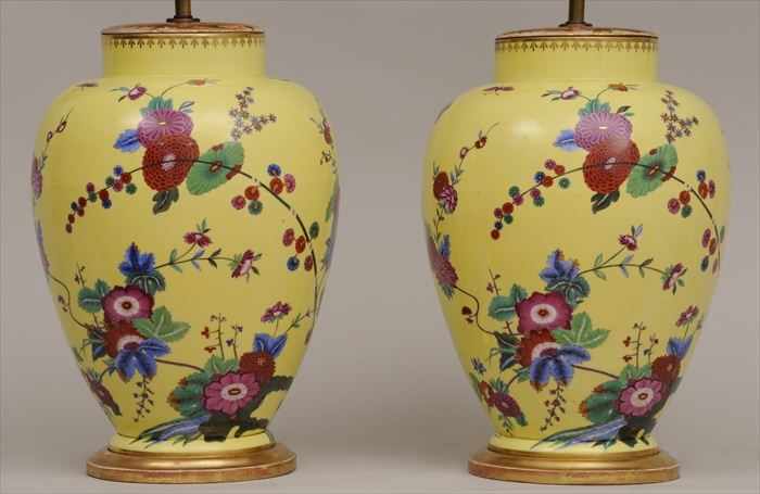 Appraisal: PAIR OF MEISSEN-STYLE YELLOW-GROUND PORCELAIN TABLE LAMPS Each ovoid bowl