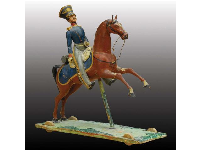 Appraisal: Rare Prussian Soldier on Horseback Pull Toy Germany probably Nuremberg