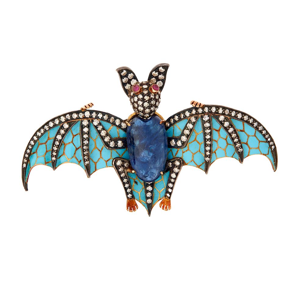 Appraisal: Plique-a-Jour Diamond Ruby and Sapphire Bat Brooch Silver topped gold