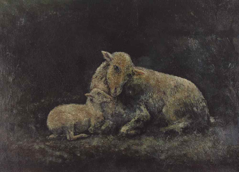 Appraisal: NICE ANTIQUE MYSTERY PAINTING OF SHEEP Ewe and lamb at