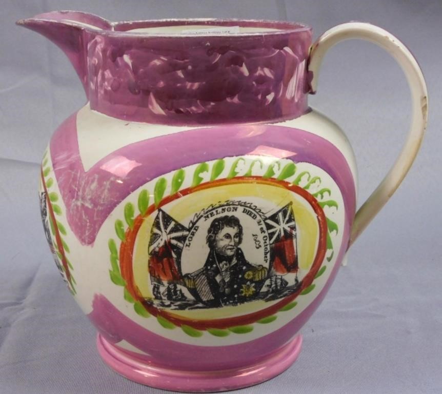 Appraisal: SUNDERLAND PINK LUSTREWARE JUG COMMEMORATING LORDNelson's death Early th century