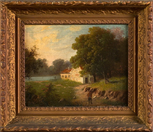 Appraisal: American School th Century Huntsman in a Cottage Landscape oil