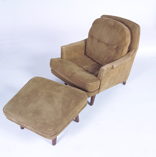 Appraisal: EDWARD WORMLEY DUNBAR Lounge chair and ottoman upholstered in camel-colored