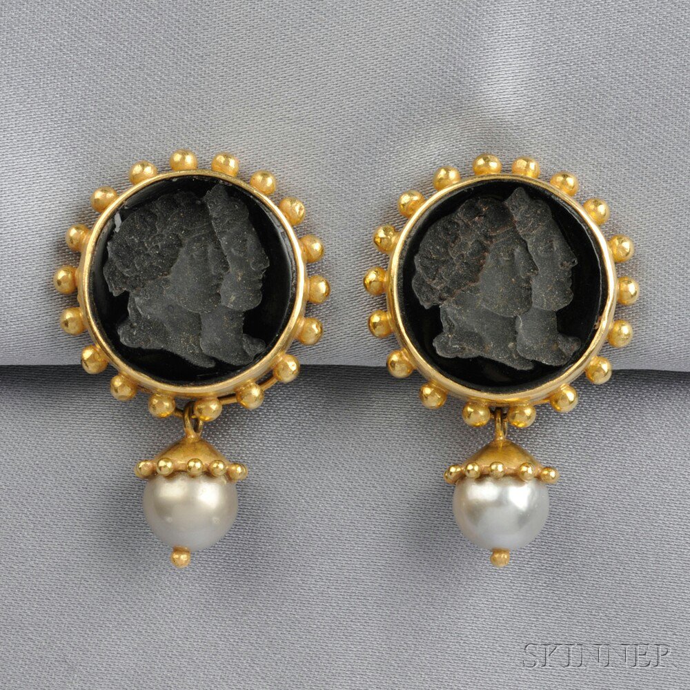 Appraisal: kt Gold Glass Intaglio and Cultured Pearl Day Night Earclips