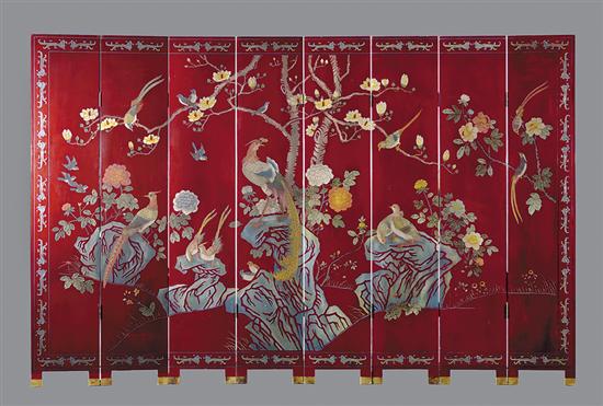 Appraisal: Oriental eight-panel folding screen th centurylacquered panels carved and painted