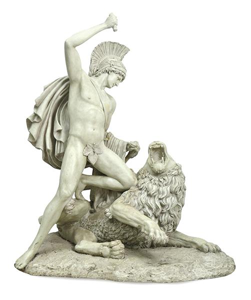 Appraisal: A MONUMENTAL COMPOSITE STATUE DEPICTING A WARRIOR SLAYING A LION