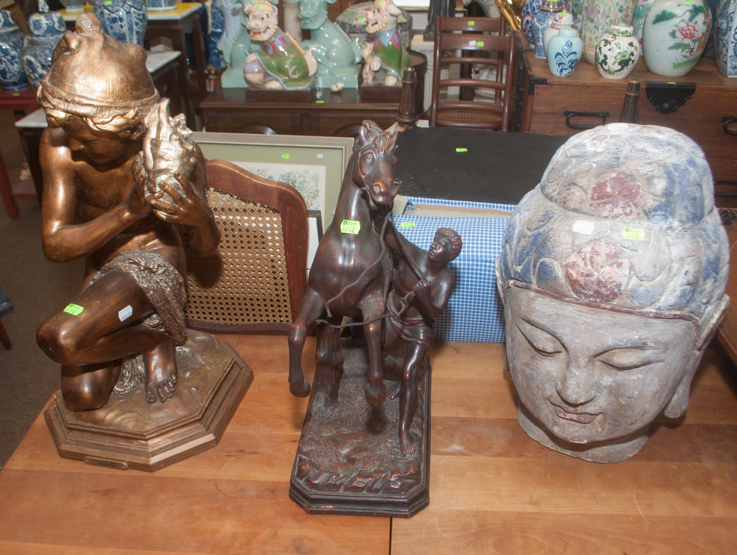 Appraisal: Three decorative items including hardwood Asian head ceramic horse and