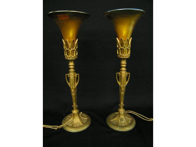 Appraisal: Pair of Art Glass Torchere Lamps golden iridescent aurene style