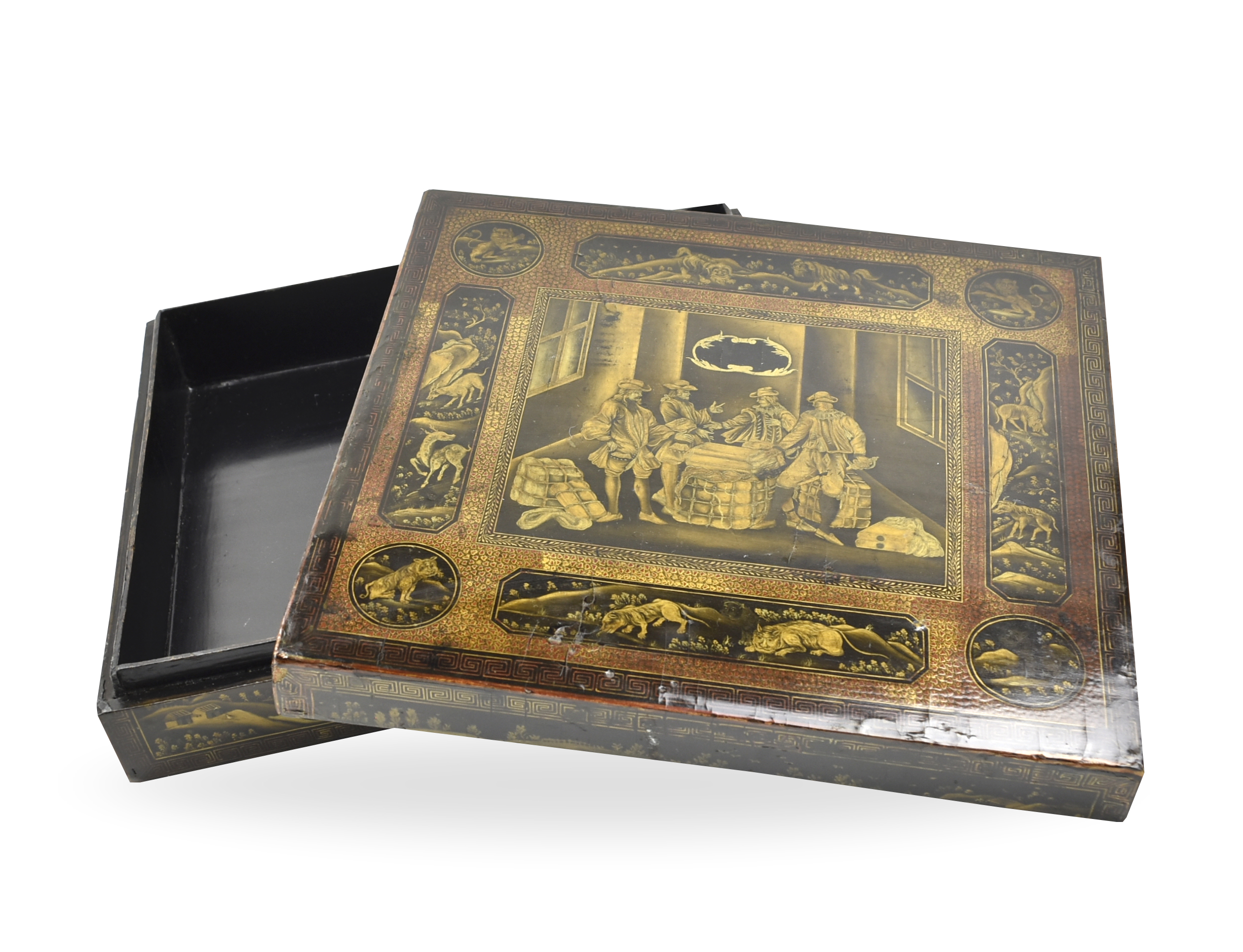 Appraisal: a Chinese brown and black rectangular lacquered box depicting western