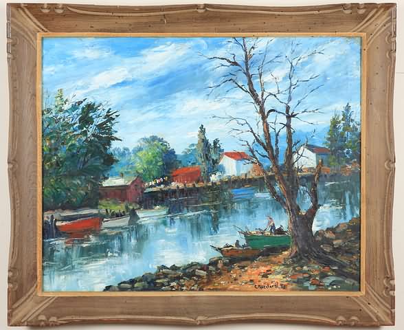 Appraisal: Riverside landscape with boaters tree without leaves at right oil